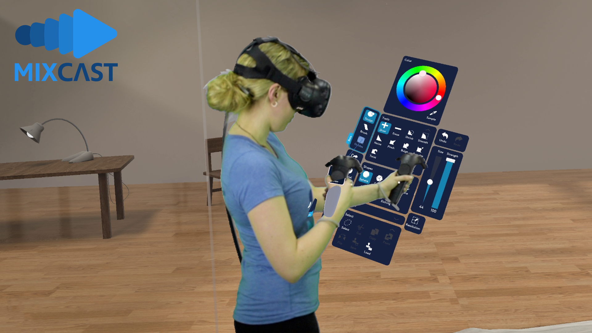 A female artist looks at a palette of digital sculpting tools in the virtual reality experience, MasterpieceVR